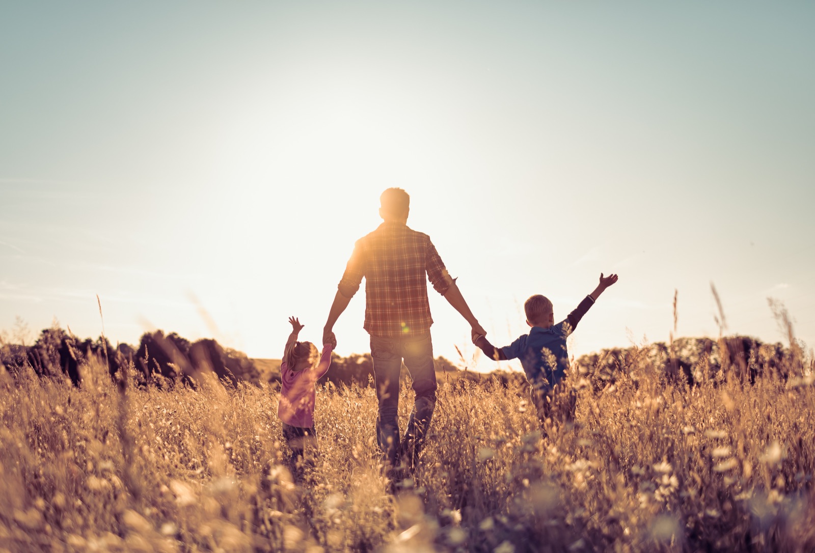 A father walking through a field at sunset holding his two children's hands