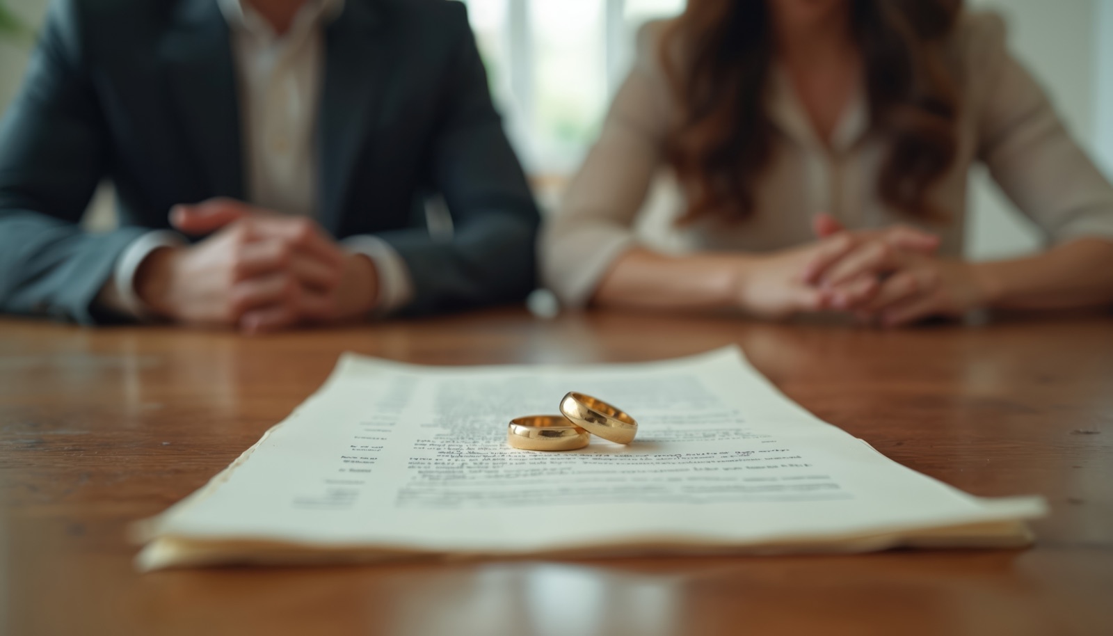 Two wedding rings resting on a signed agreement between a couple