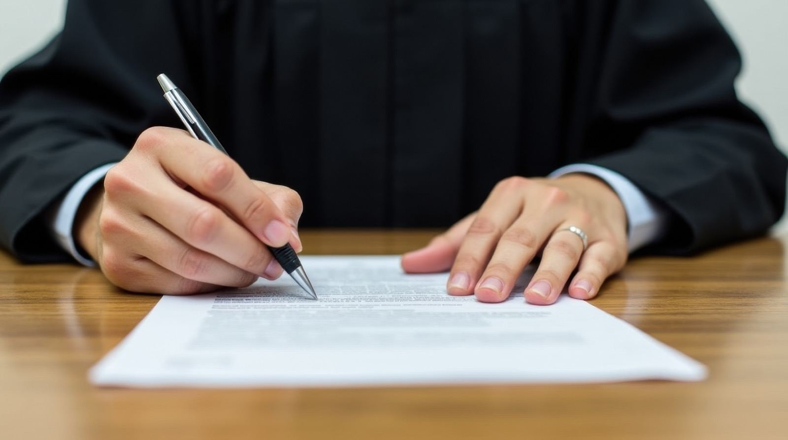 A judge in robes signing an order at the bench