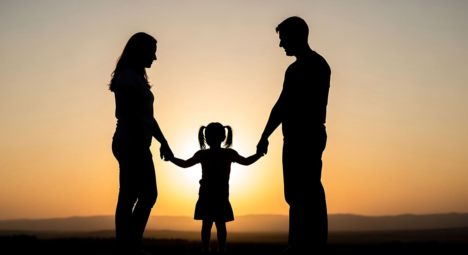 A child holding both parents' hands, silhouetted against a sunset